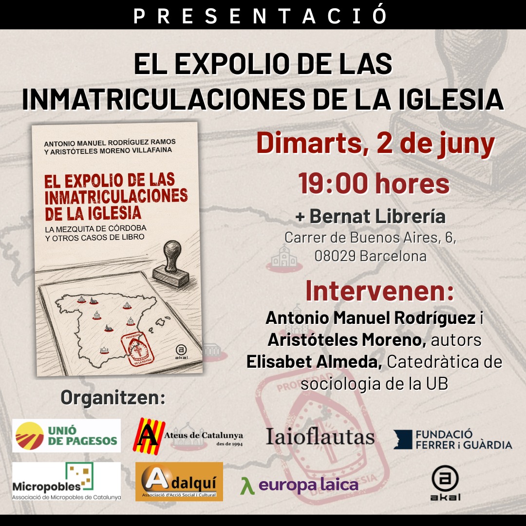 Presentació del llibre L’espoli de les immatriculacions de l’Església, d’Antonio Manuel Rodríguez Ramos i Aristóteles Moreno Villafaina, acompanyats per Elisabet Almeda